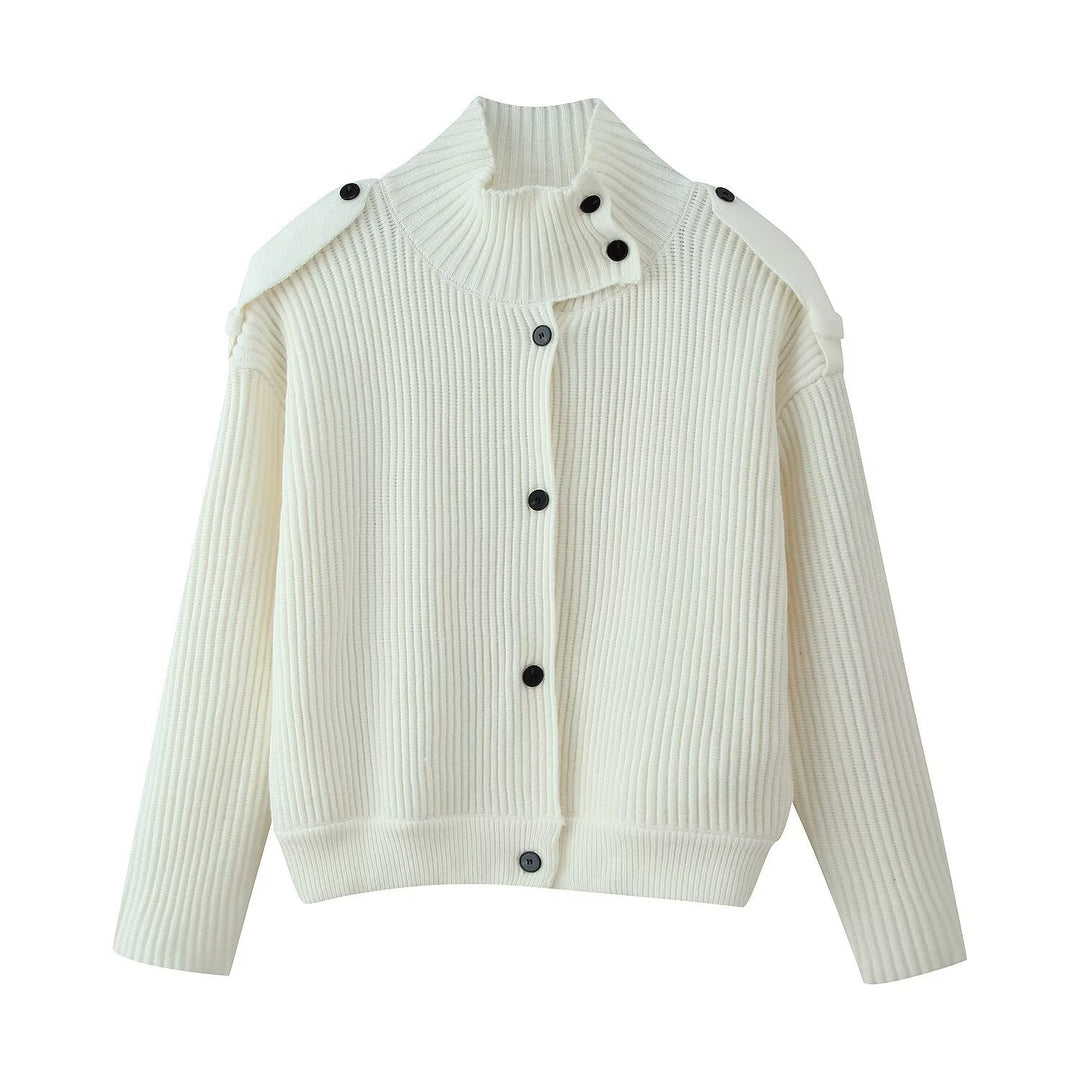 Women's Ribbed Knit Cardigan with Asymmetrical Stand-Up Collar Mune Fashion