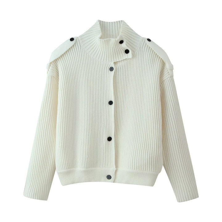 Women's Ribbed Knit Cardigan with Asymmetrical Stand-Up Collar Mune Fashion