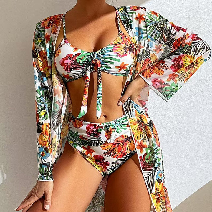 Ladies Bikini Set with Floral Patterns and Airy Kimono Jacket Mune Fashion