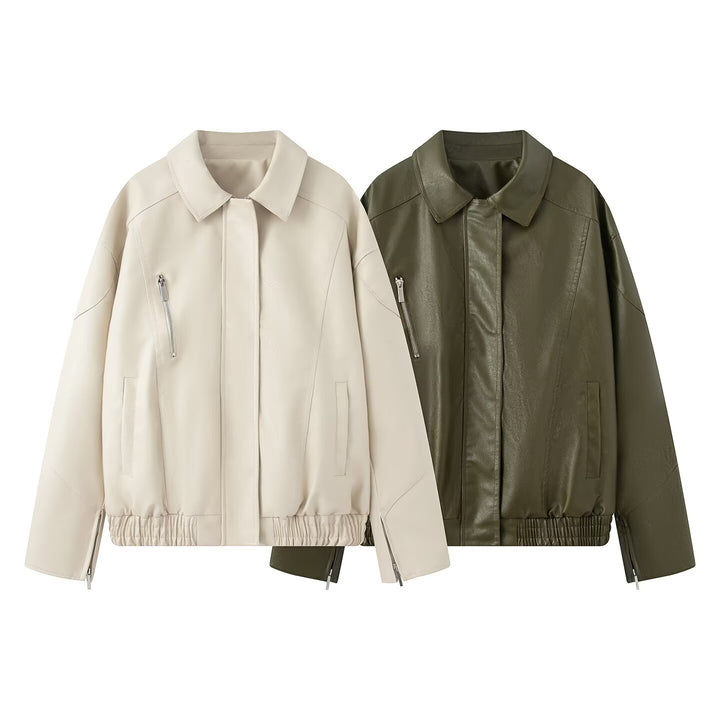 Women's Oversized Faux Leather Bomber Jacket with Elastic Hem, Concealed Snap Placket, and Asymmetric Zipper Pocket Mune Fashion
