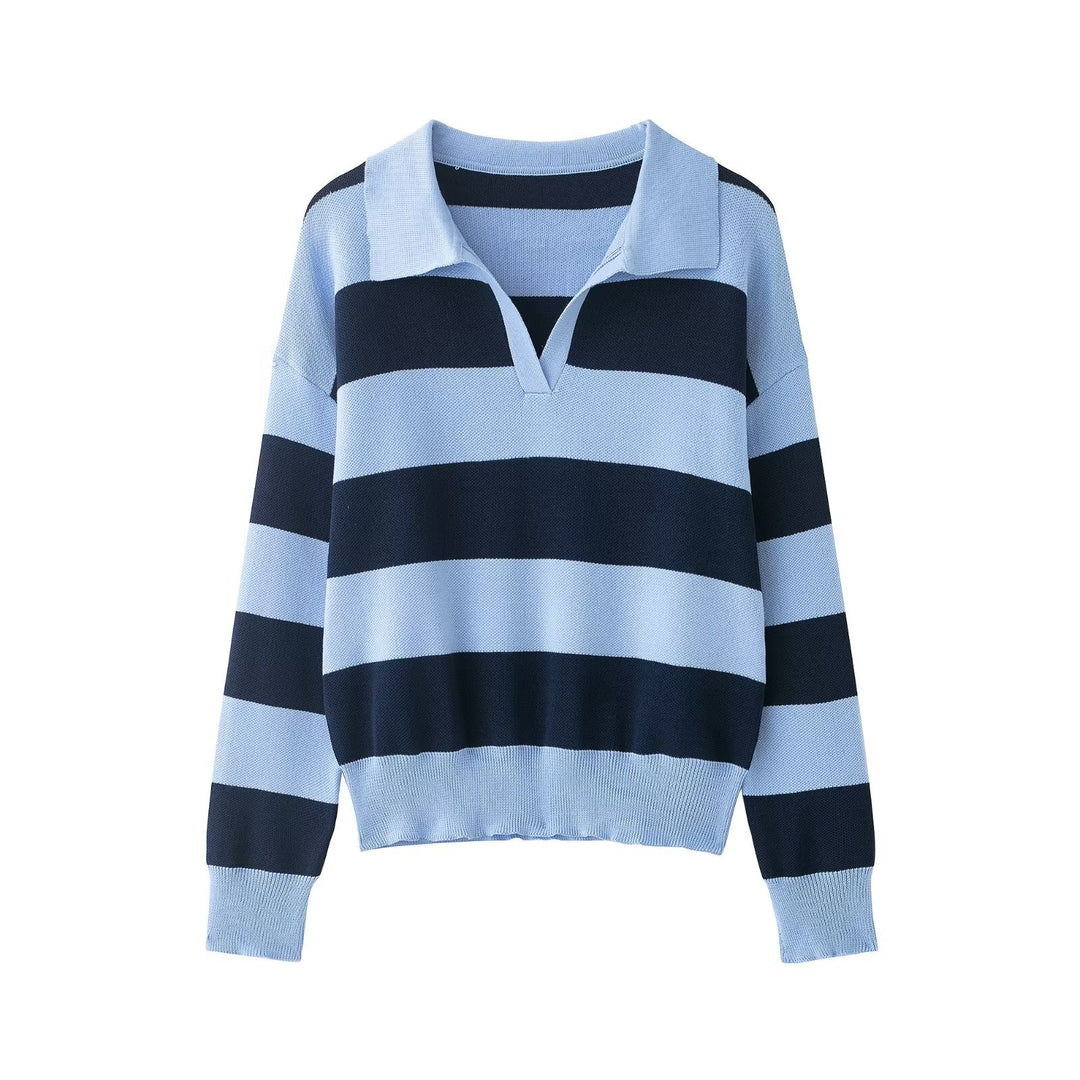 Women Striped Oversize Rugby Sweater with Polo Collar and V-Neck Mune Fashion