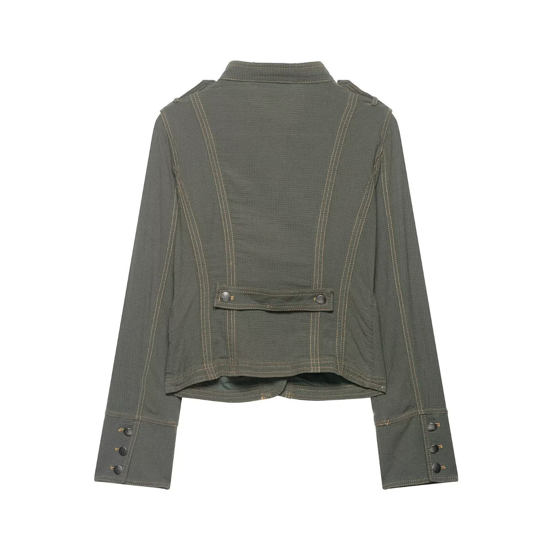 Women's Short Utility Jacket with Stand Collar, Shoulder Flaps and Applied Flap Pockets Mune Fashion