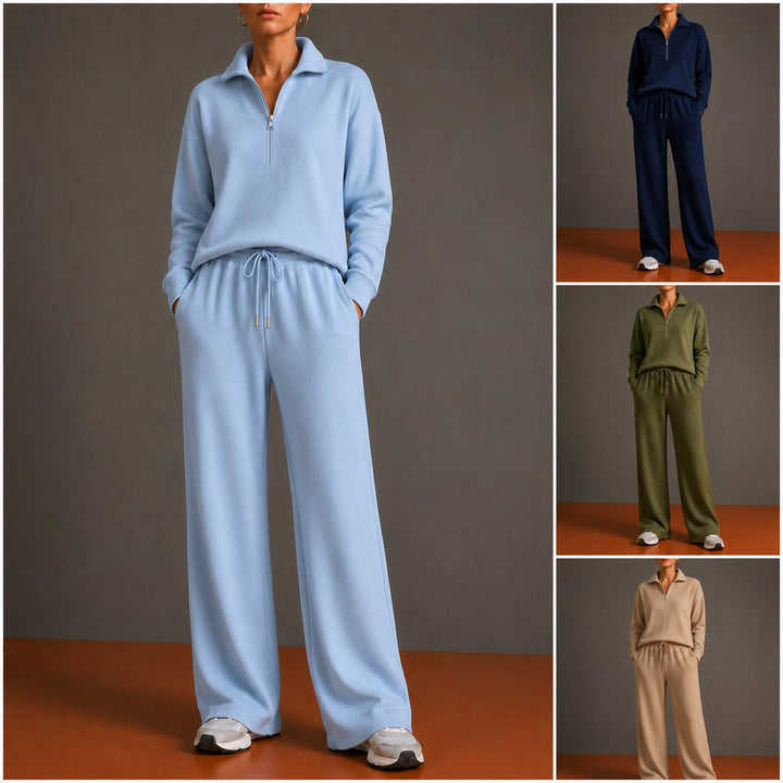 Women's cozy knit relax suit with half zipper, drawstring waistband, and wide leg Mune Fashion