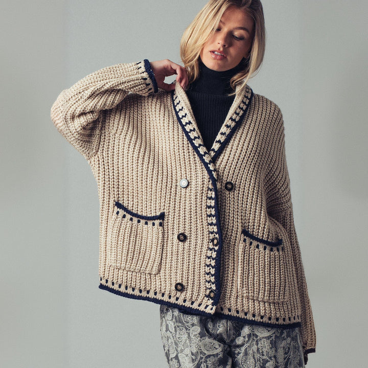 Women's chunky knit cardigan with shawl collar, decorative stripes & patch pockets Mune Fashion