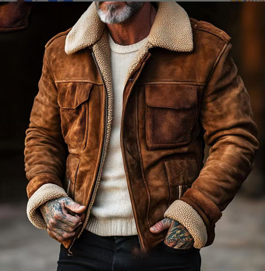 Men's Lambskin Imitation Pilot Jacket in Vintage Leather Look Mune Fashion