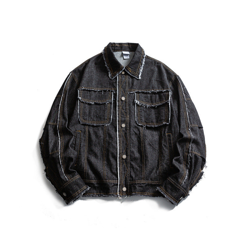 Men's Oversized Jeans Jacket with Frayed Edges and Large Flap Pockets Mune Fashion