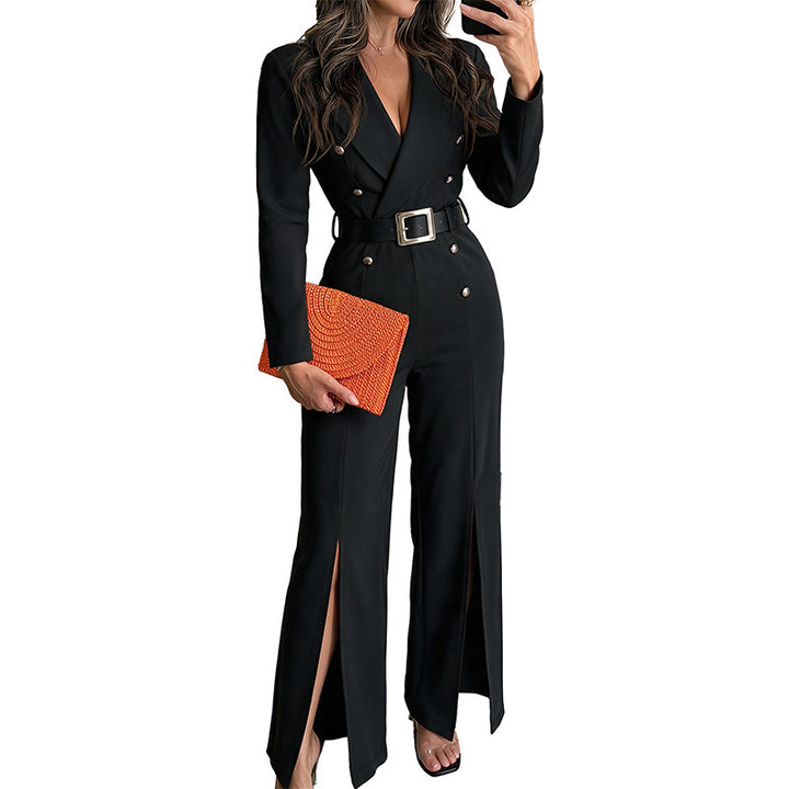Women Elegant Jumpsuit with Belt and Slit Mune Fashion