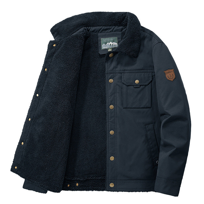 Men's Sherpa-lined canvas trucker jacket with teddy lining and utility pockets Mune Fashion