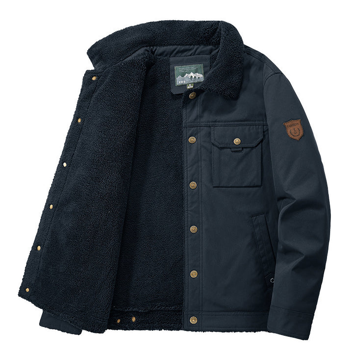 Men's Lined Canvas Trucker Jacket with Teddy Fleece Lining and Shirt Collar Mune Fashion