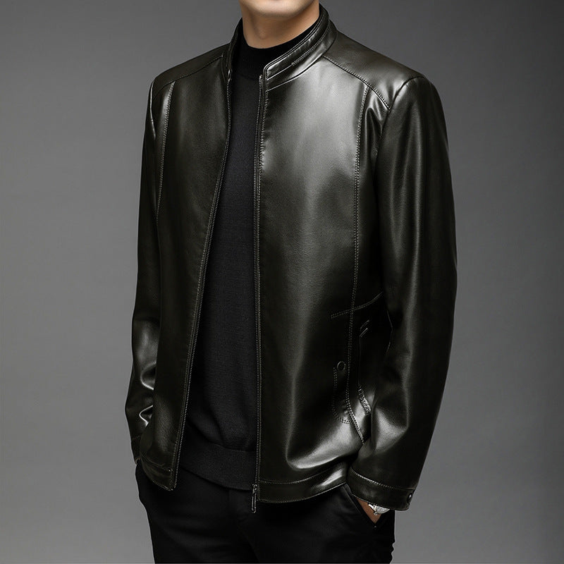 Men's Slim-Fit Faux Leather Jacket with Stand Collar and Hidden Zipper Mune Fashion