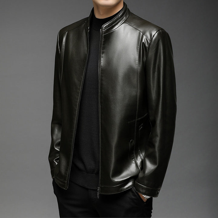 Men's Slim-Fit Faux Leather Jacket with Stand Collar and Hidden Zipper Mune Fashion