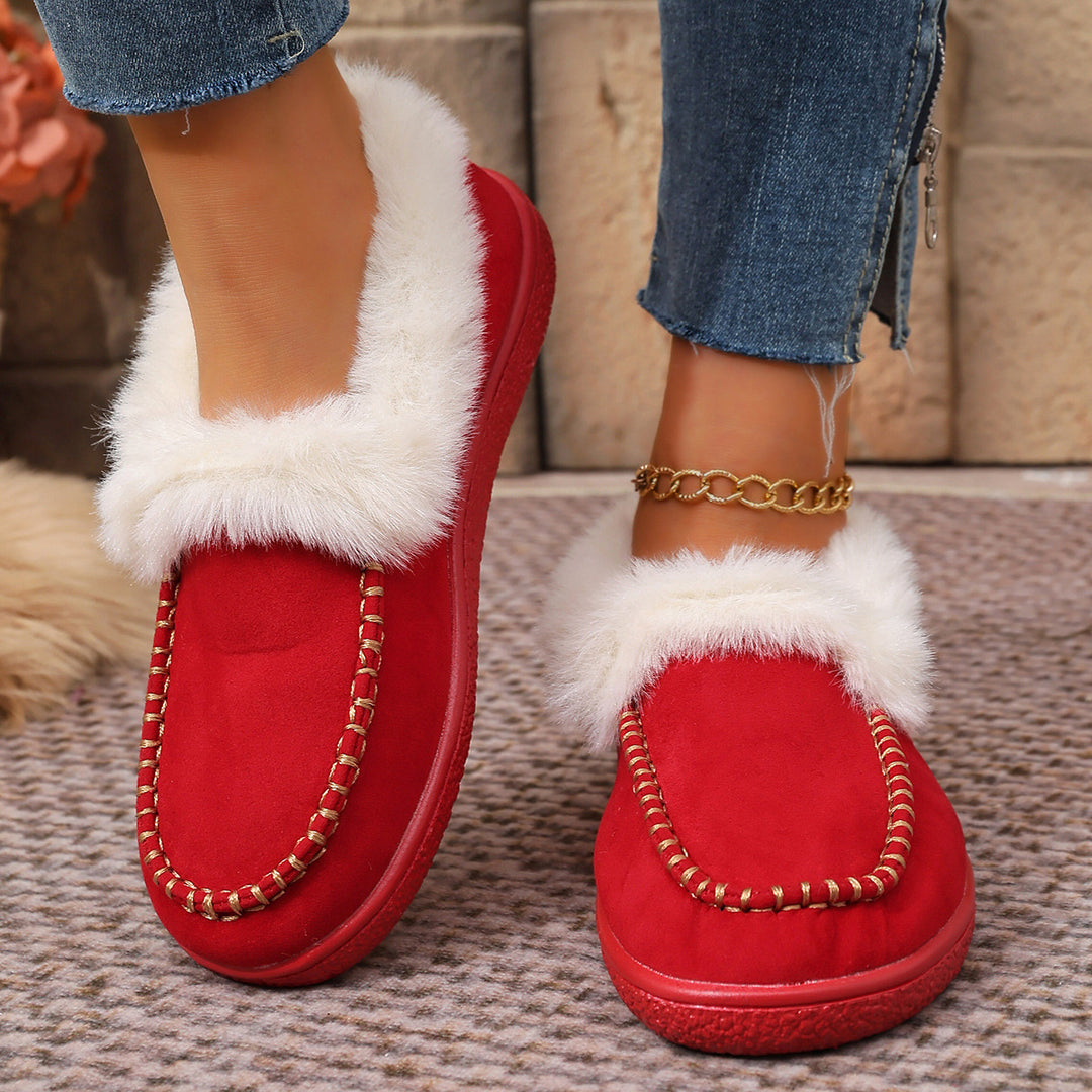 Women Padded Moccasin Slippers with Faux Fur Trim and Decorative Stitching Mune Fashion