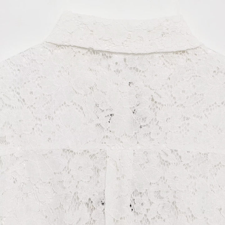 Women's Transparent Lace Blouse with Continuous Decorative Button Placket and Bow Applications Mune Fashion