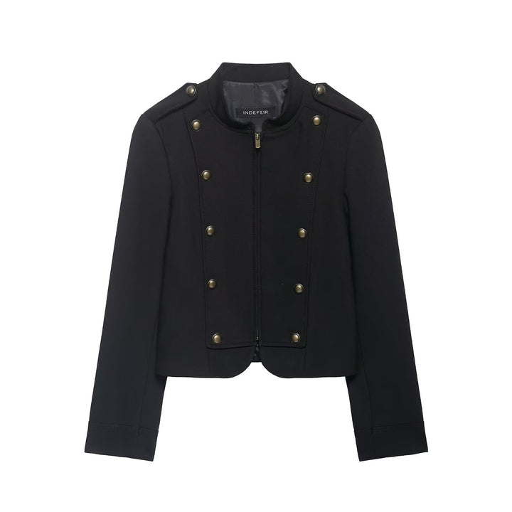 Women's short jacket in military style with stand-up collar, decorative button placket and fine pinstripe Mune Fashion