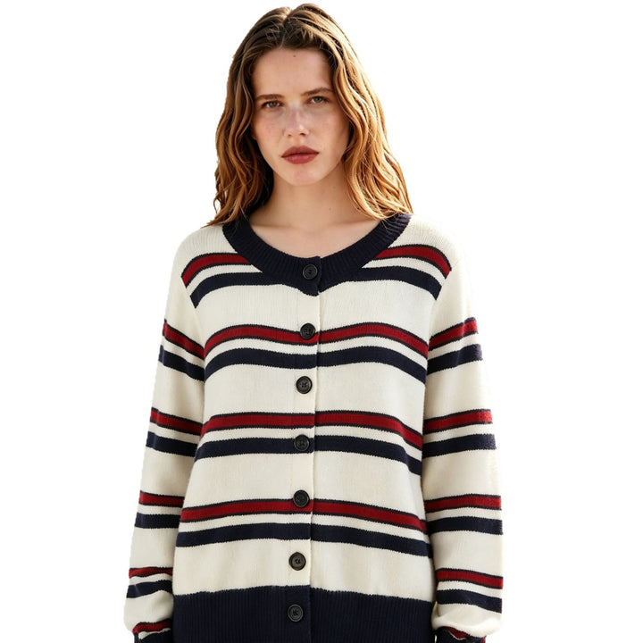 Ladies Striped Cardigan with Button Placket and Ribbed Hem Mune Fashion