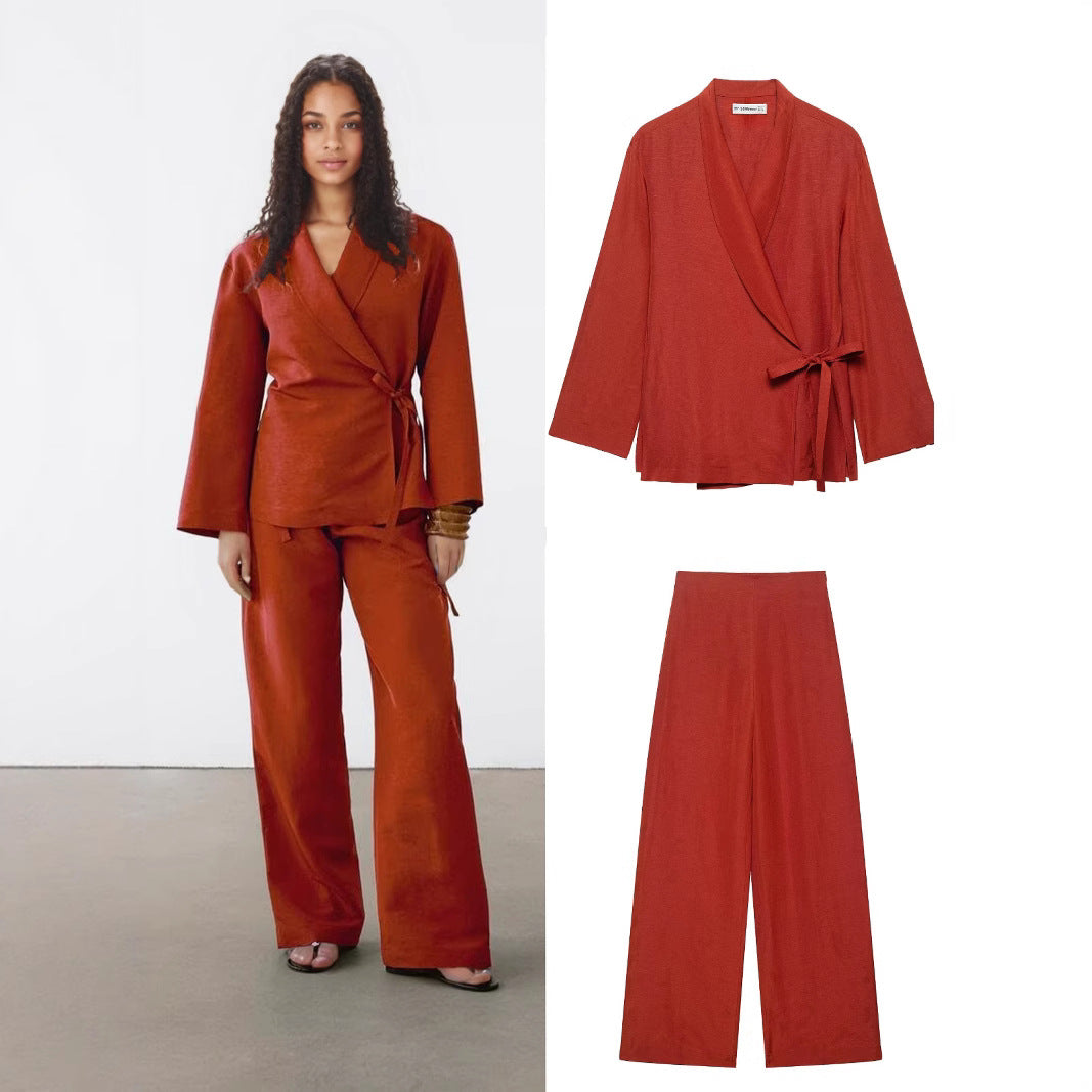 Ladies Wrap Kimono Set with Waist Tie and Wide Palazzo Pants Mune Fashion