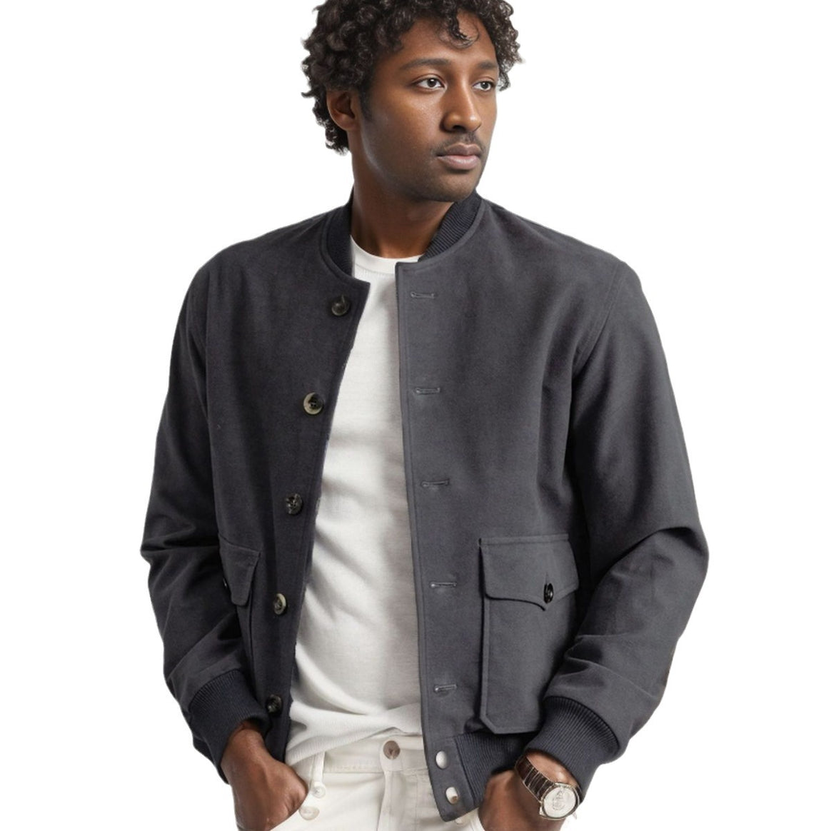Men's bomber-style short jacket with button closure and flap pockets Mune Fashion
