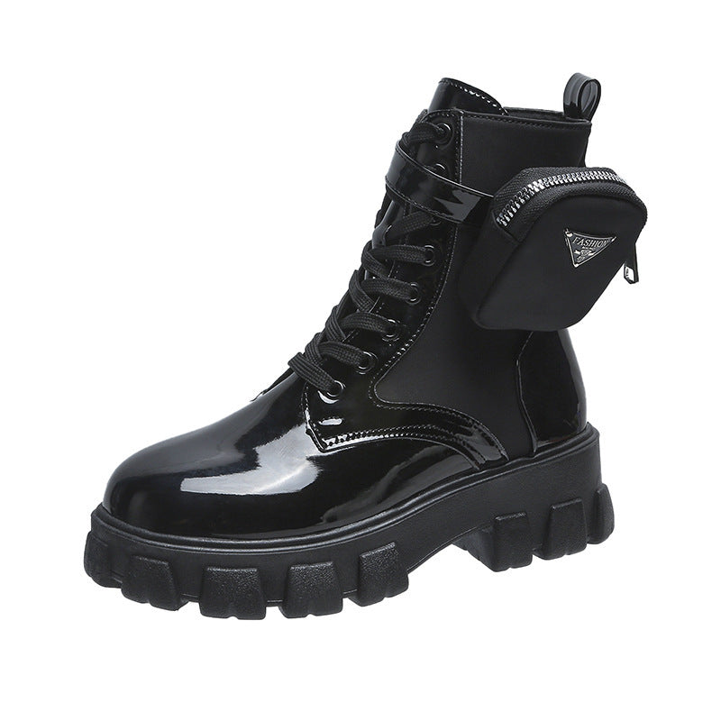 Ladies' lace-up mid-calf boot in utility style with detachable mini pouch and platform profile sole Mune Fashion