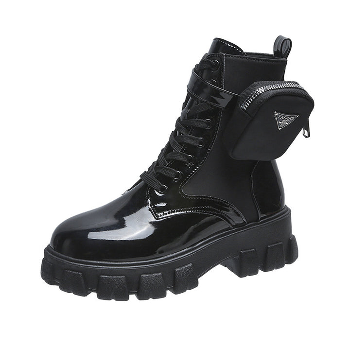Ladies' lace-up mid-calf boot in utility style with detachable mini pouch and platform profile sole Mune Fashion