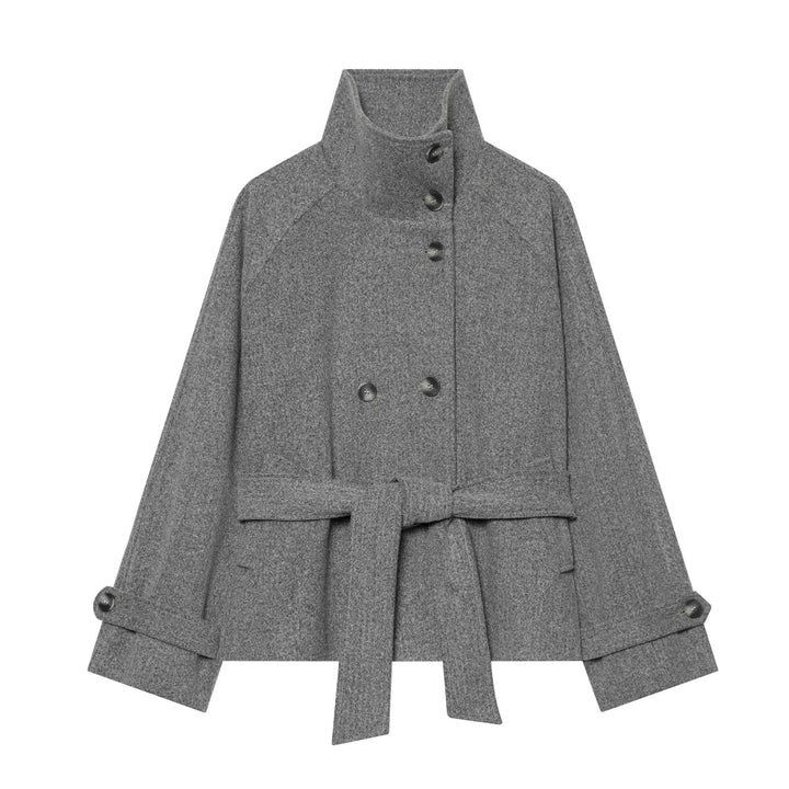 Women's cape transitional jacket in a short cut with a high collar, double button placket, and waist tie belt Mune Fashion