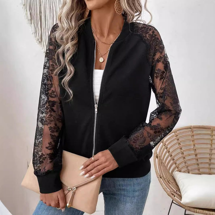 Women's lightweight bomber jacket with floral lace sleeves and zipper Mune Fashion