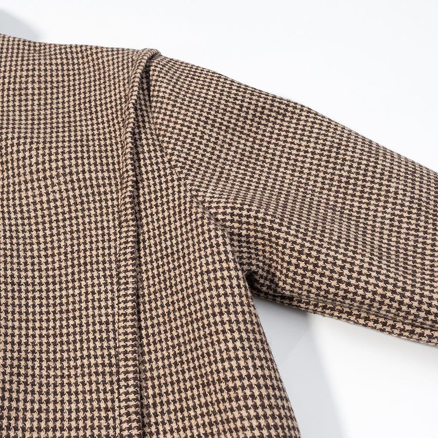 Ladies Short Boxy Transitional Jacket in Houndstooth with Stand-Up Collar and Elastic Hem Mune Fashion