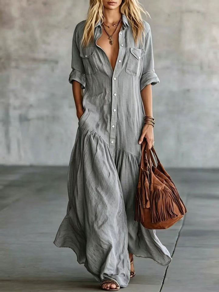 Ladies Long Flowing Shirt Blouse Maxi Dress with Button Placket, Applied Breast Pockets and Side Insert Pockets Mune Fashion