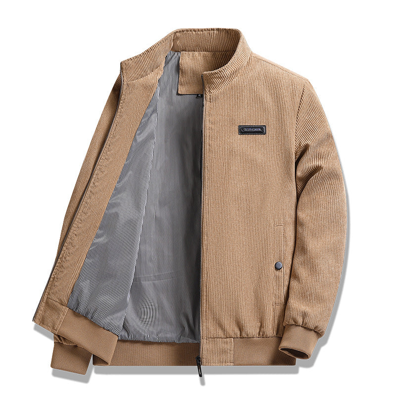 Men's fine corduroy jacket with stand-up collar, striped lining, and concealed snap pockets.