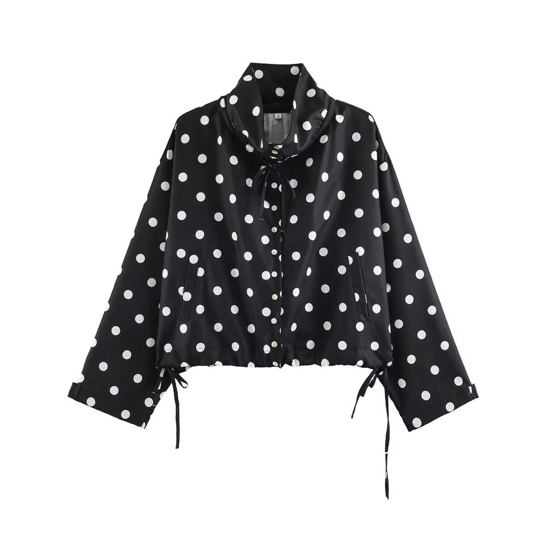 Women's Cropped Polka Dot Transition Jacket with Stand-Up Collar, Drawstring Hem and Button Placket Mune Fashion