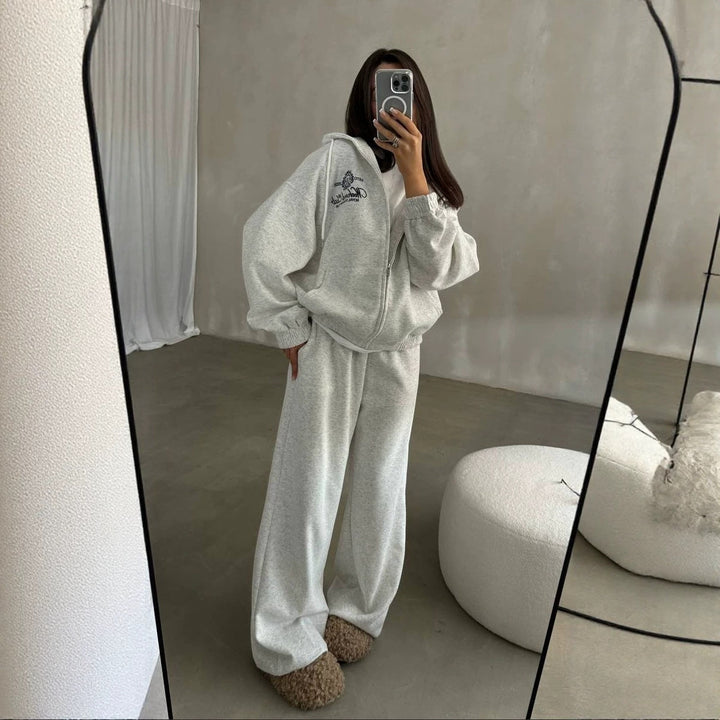 Women's Soft Oversized Hoodie Sweat Jacket Set with Wide Jogging Pants Mune Fashion