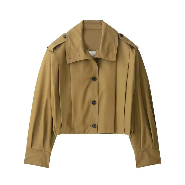 Women's Short Oversized Trench Coat in Cropped Cut with Epaulettes and Pleated Sleeves Mune Fashion