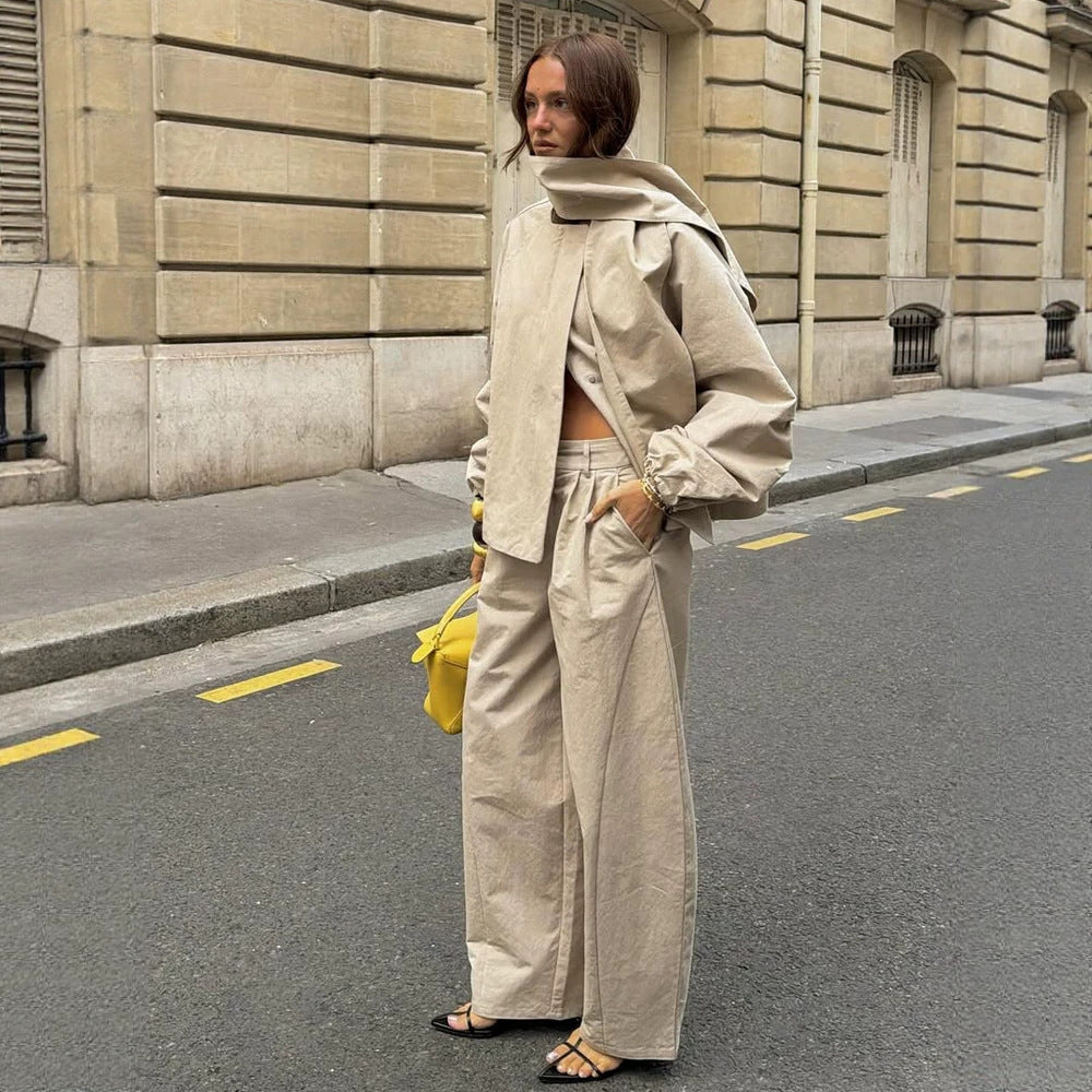 Women's Two-Piece Oversized Pant Suit Set with Asymmetrical Stand Collar Mune Fashion