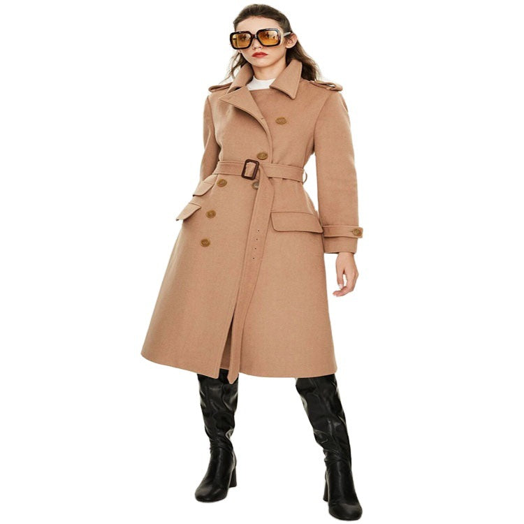 Women's fitted A-line trench coat made of wool-cashmere blend with waist belt and flap Mune Fashion