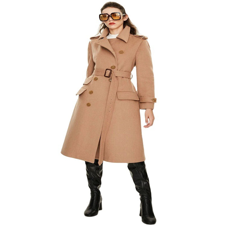 Women's fitted A-line trench coat made of wool-cashmere blend with waist belt and flap Mune Fashion