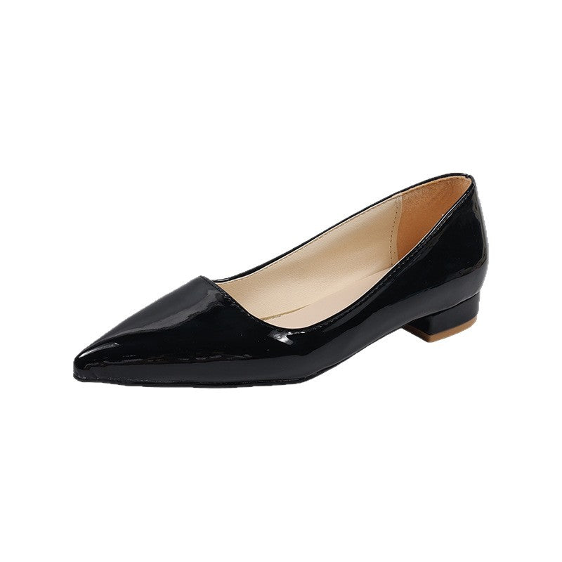 Women's patent pumps with pointed toe shape, padded comfort insole, and short block heel Mune Fashion