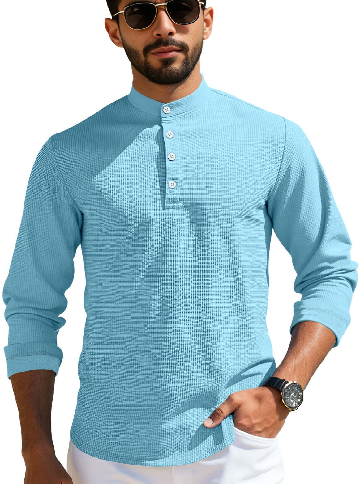 Men's structured long-sleeve henley with Nehru collar and tone-on-tone button placket Mune Fashion