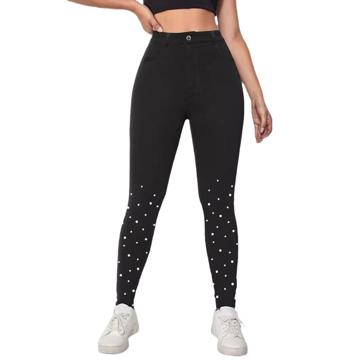 Women's High-Waist Stretch-Jeggings in Denim Look with Pearl Scatter Mune Fashion
