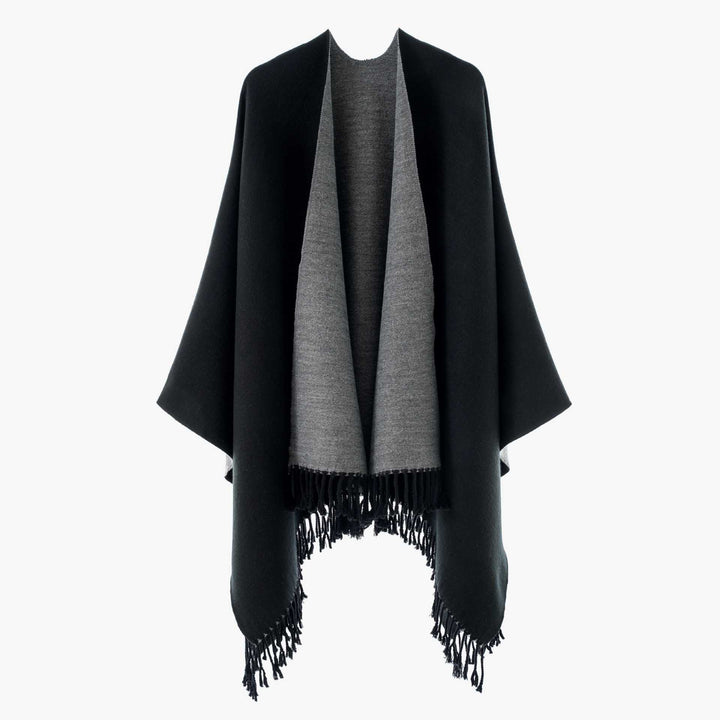 Women's Reversible Wool Blend Poncho with Fringe Hem and Open Front Mune Fashion