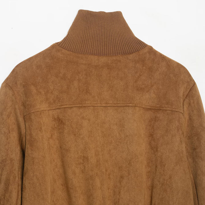 Women's short-cut suede bomber jacket with high ribbed collar and flap pockets Mune Fashion