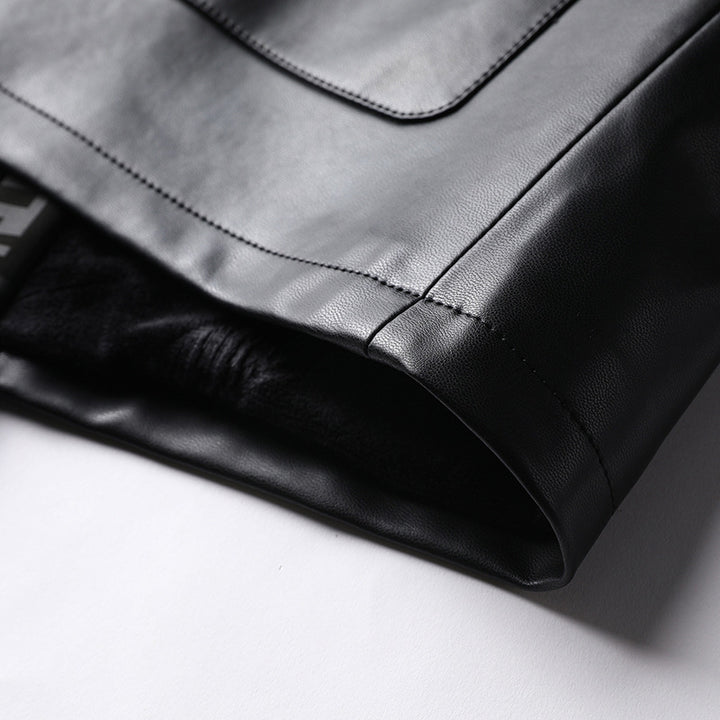 Men's Faux Leather Cardigan Jacket with KnMune Fashion Fastenings and Contrasting Shawl Collar Mune Fashion