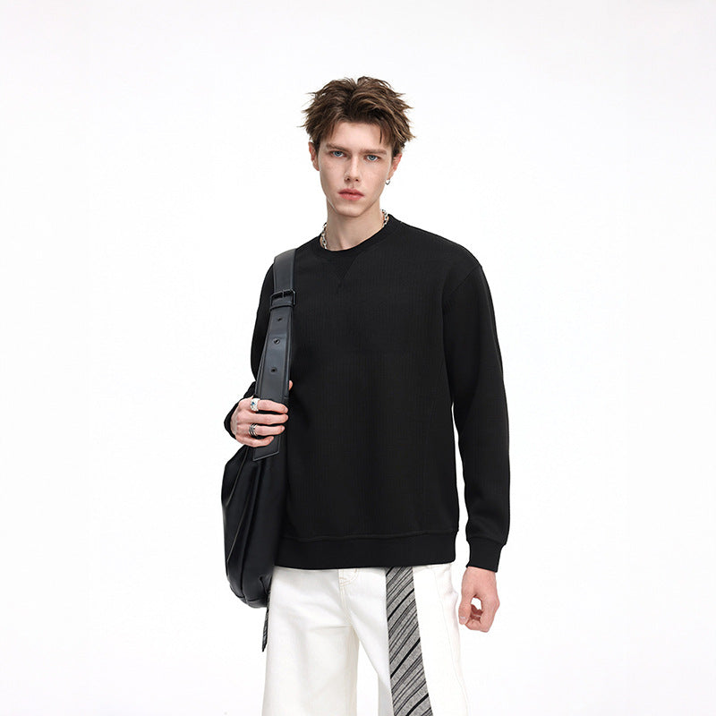 Men's Oversize Waffle Knit Sweatshirt with Round Neck, Extended Back Hem and Ribbed Cuffs Mune Fashion