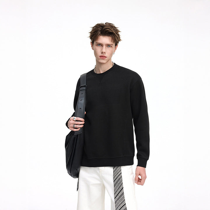 Men's Oversize Waffle Knit Sweatshirt with Round Neck, Extended Back Hem and Ribbed Cuffs Mune Fashion