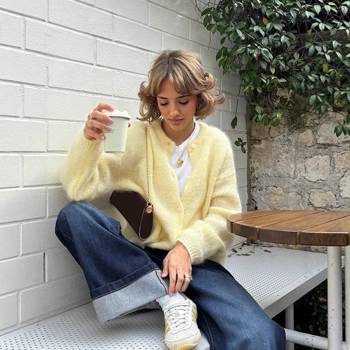 Women's Fluffy Short Jacket made of Mohair Mix with Round Neck and Boxy Silhouette Mune Fashion