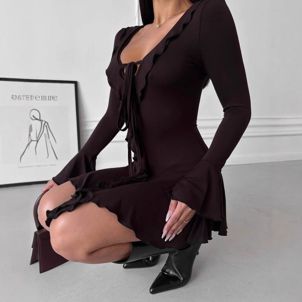 Women's Figure-Hugging Ruffled Mini Dress with V-Neck, Tie Band and Bell Sleeves Mune Fashion