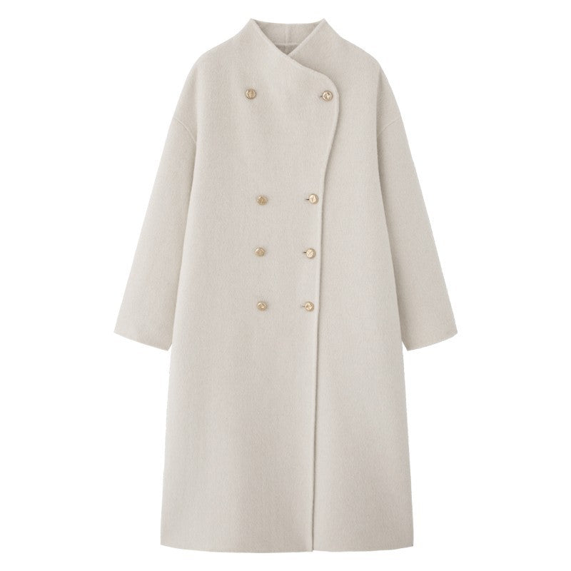 Women's Oversize Wool Blend Coat with Double-Breasted Button Placket, Stand-Up Collar and Dropped Shoulder Mune Fashion