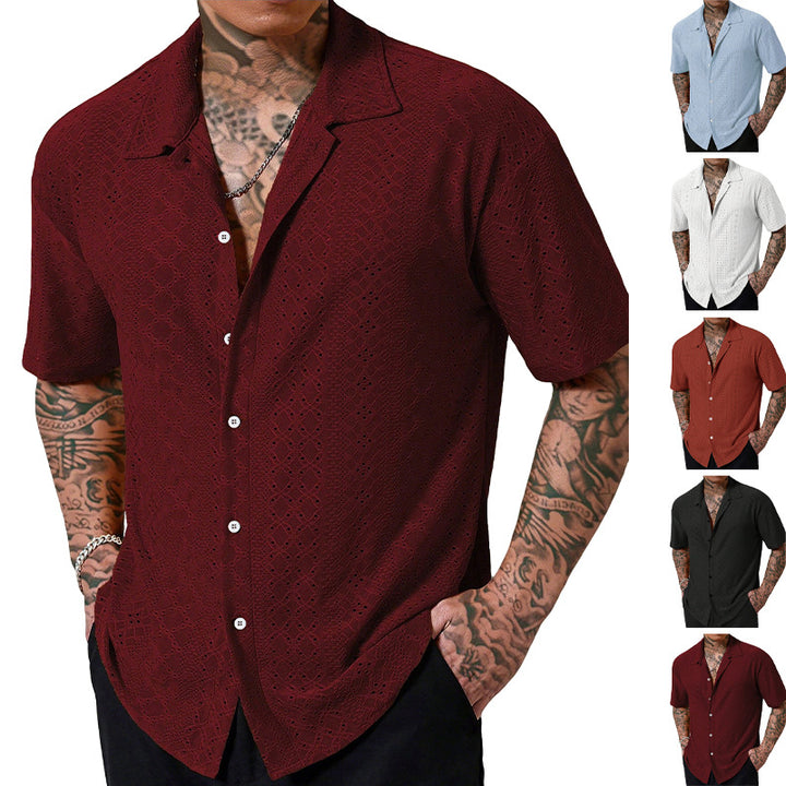Men's short-sleeve casual shirt with openwork embroidery, lapel collar and relaxed fit Mune Fashion