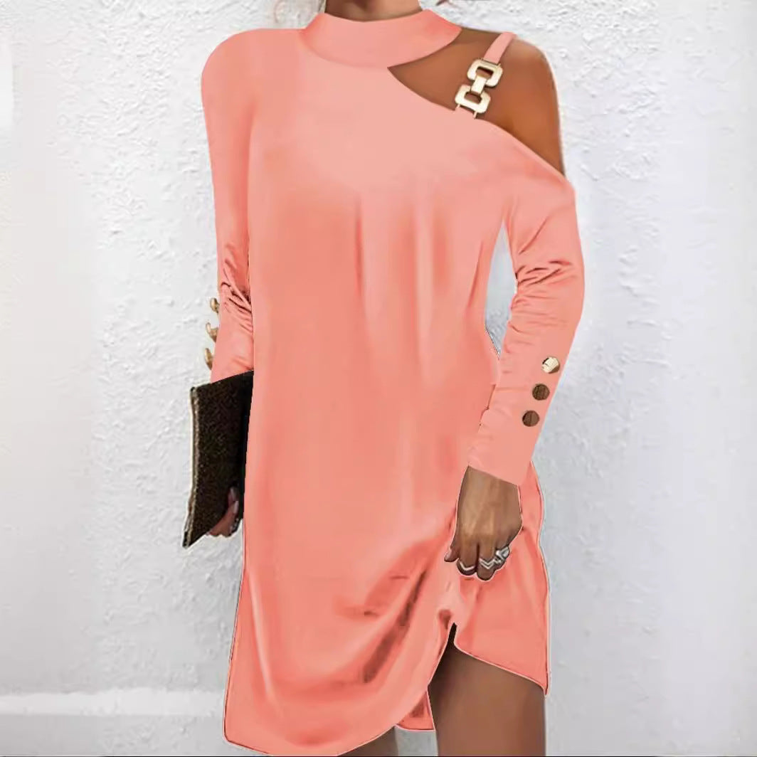 Women nan asymmetrical mini dress with stand collar, cut-out shoulder and decorative chain straps Mune Fashion