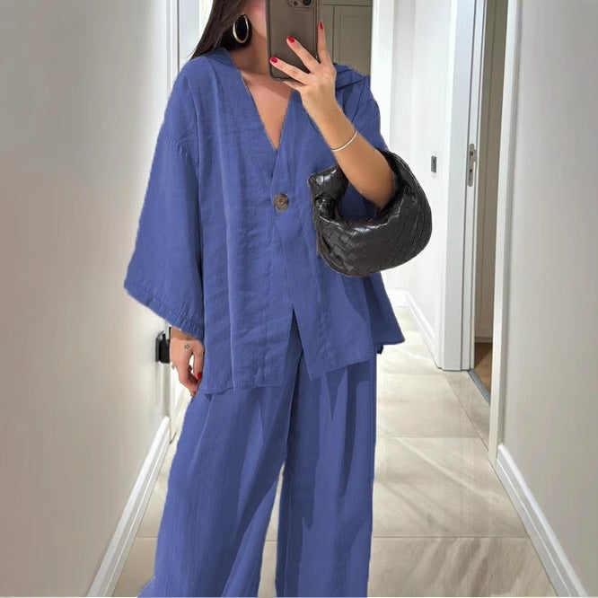 Women nan loose linen look two-piece with kimono blazer and wide palazzo pants Mune Fashion