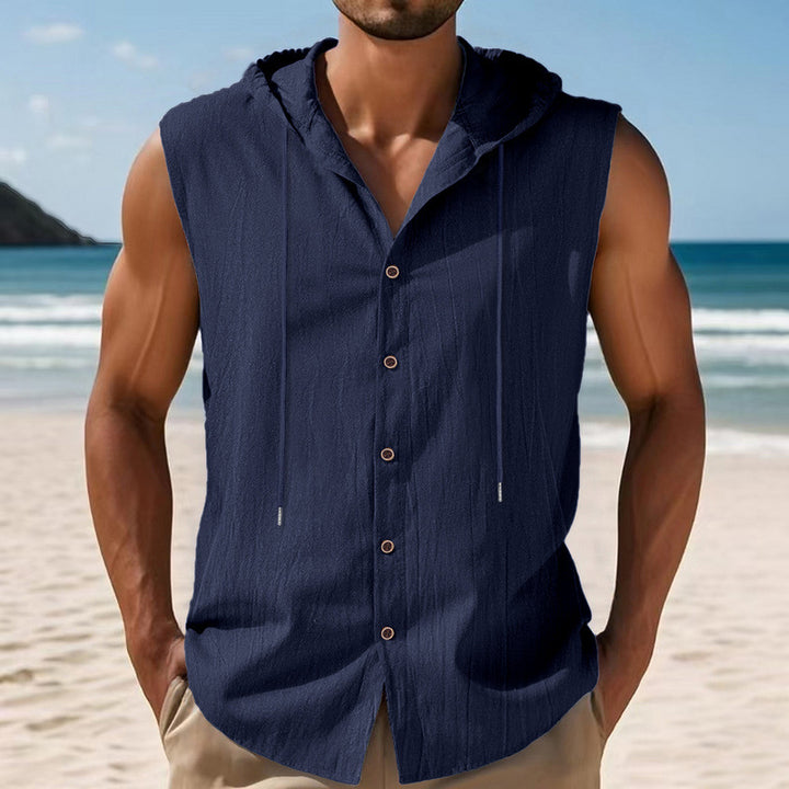 Men's sleeveless hooded shirt made of crepe-structured cotton blend with continuous button placket and drawstring Mune Fashion
