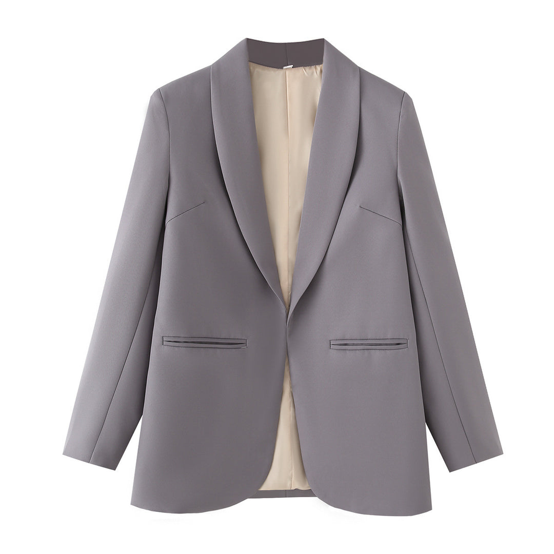 Ladies long blazer with shawl collar, unstructured fall and piped welt pockets Mune Fashion